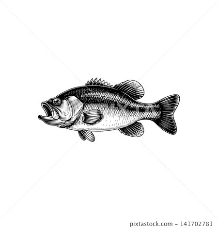 Detailed sea bass (or bass fish) vector graphic in woodcut or engraving style. Vintage fishing icon perfect for seafood logo, angling club emblem, or marine design. Detailed sea bass (or bass fish) vector graphic in woodcut or engraving style. Vintage fishing icon perfect for seafood logo, angling club emblem, or marine design. 141702781