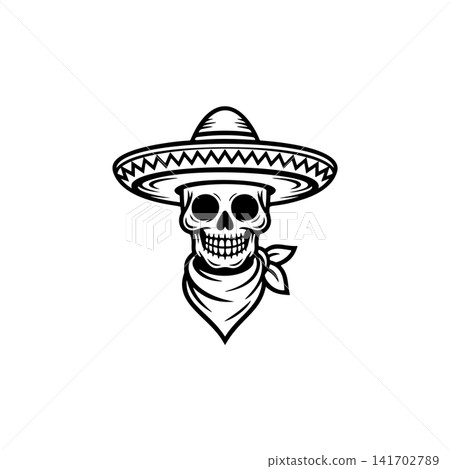 Skull mascot vector wearing a sombrero and a bandana. Monochromatic design perfect for Mexican culture, Day of the Dead, biker gang, criminal, or Western themed logos. Skull mascot vector wearing a sombrero and a bandana. Monochromatic design perfect for Mexican culture, Day of the Dead, biker gang, criminal, or Western themed logos. 141702789