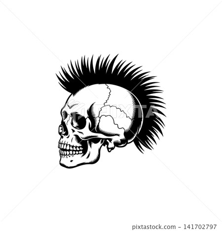 Side profile vector of a skull with a sharp mohawk haircut. Aggressive monochrome design perfect for punk rock band logo, biker tattoo, rebellious spirit, or club emblem. Side profile vector of a skull with a sharp mohawk haircut. Aggressive monochrome design perfect for punk rock band logo, biker tattoo, rebellious spirit, or club emblem. 141702797