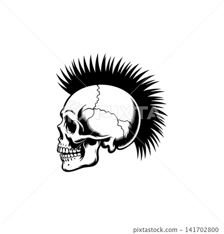 Side profile vector of a skull with a sharp mohawk haircut. Aggressive monochrome design perfect for punk rock band logo, biker tattoo, rebellious spirit, or club emblem. Side profile vector of a skull with a sharp mohawk haircut. Aggressive monochrome design perfect for punk rock band logo, biker tattoo, rebellious spirit, or club emblem. 141702800