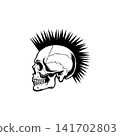 Side profile vector of a skull with a sharp mohawk haircut. Aggressive monochrome design perfect for punk rock band logo, biker tattoo, rebellious spirit, or club emblem. 141702803