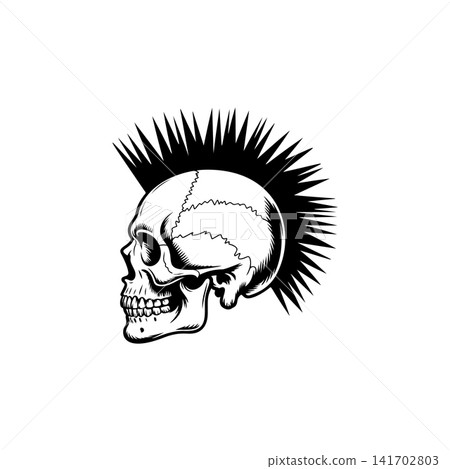 Side profile vector of a skull with a sharp mohawk haircut. Aggressive monochrome design perfect for punk rock band logo, biker tattoo, rebellious spirit, or club emblem. 141702803