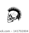 Side profile vector of a skull with a sharp mohawk haircut. Aggressive monochrome design perfect for punk rock band logo, biker tattoo, rebellious spirit, or club emblem. 141702804