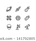 Set of nine space and astronomy outline icons, including planets, satellite, rocket, telescope, alien head, and meteor. Simple vector glyphs for mobile apps or web design. 141702805