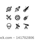 Set of nine space and astronomy outline icons, including planets, satellite, rocket, telescope, alien head, and meteor. Simple vector glyphs for mobile apps or web design. 141702806
