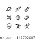 Set of nine space and astronomy outline icons, including planets, satellite, rocket, telescope, alien head, and meteor. Simple vector glyphs for mobile apps or web design. 141702807
