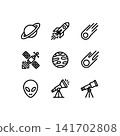 Set of nine space and astronomy outline icons, including planets, satellite, rocket, telescope, alien head, and meteor. Simple vector glyphs for mobile apps or web design. 141702808