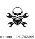 Bearded skull mascot with crossed wrenches (spanners). Monochromatic logo for mechanic shop, garage, auto repair service, biker club, or custom engineering design. 141702809