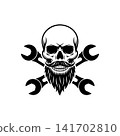 Bearded skull mascot with crossed wrenches (spanners). Monochromatic logo for mechanic shop, garage, auto repair service, biker club, or custom engineering design. 141702810