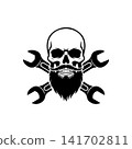 Bearded skull mascot with crossed wrenches (spanners). Monochromatic logo for mechanic shop, garage, auto repair service, biker club, or custom engineering design. 141702811