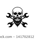 Bearded skull mascot with crossed wrenches (spanners). Monochromatic logo for mechanic shop, garage, auto repair service, biker club, or custom engineering design. 141702812