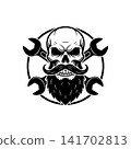 Bearded skull mascot with crossed wrenches (spanners). Monochromatic logo for mechanic shop, garage, auto repair service, biker club, or custom engineering design. 141702813