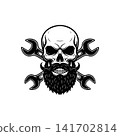 Bearded skull mascot with crossed wrenches (spanners). Monochromatic logo for mechanic shop, garage, auto repair service, biker club, or custom engineering design. 141702814