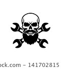 Bearded skull mascot with crossed wrenches (spanners). Monochromatic logo for mechanic shop, garage, auto repair service, biker club, or custom engineering design. 141702815