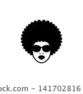 Stylish woman head vector with a large Afro haircut and sunglasses. Monochromatic design perfect for retro 70s/80s themes, fashion, beauty brand, or vintage music logo. 141702816