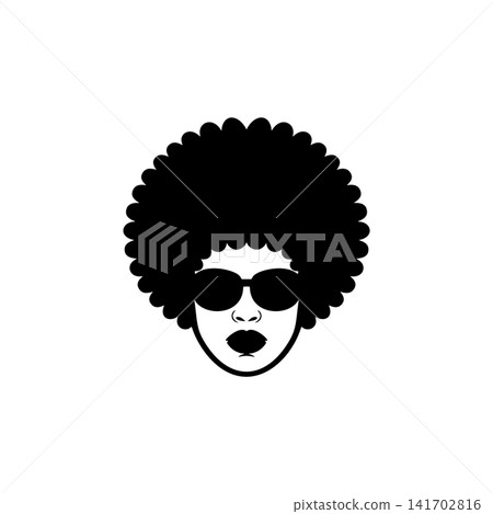 Stylish woman head vector with a large Afro haircut and sunglasses. Monochromatic design perfect for retro 70s/80s themes, fashion, beauty brand, or vintage music logo. 141702816