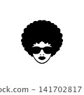 Stylish woman head vector with a large Afro haircut and sunglasses. Monochromatic design perfect for retro 70s/80s themes, fashion, beauty brand, or vintage music logo. 141702817