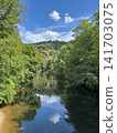 Scenic view of the Wupper river with Diederichstempel pavilion on the forested hill, Solingen, Germany 141703075