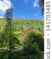 Orange house surrounded by green forest under blue sky near Solingen, Germany 141703485