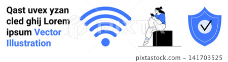 Digital security, online safety, wireless communication, technology, connectivity, privacy protection. wireless icon, shield with checkmark and person using a smartphone. Online safety and digital Digital security, online safety, wireless communication, technology, connectivity, privacy protection. wireless icon, shield with checkmark and person using a smartphone. Online safety and digital 141703525