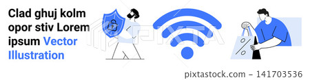 Cybersecurity, wireless technology, online shopping, data encryption, digital transactions, internet safety. A person holding a shield with a lock, wireless signal icon, and online shopping ion Cybersecurity, wireless technology, online shopping, data encryption, digital transactions, internet safety. A person holding a shield with a lock, wireless signal icon, and online shopping ion 141703536