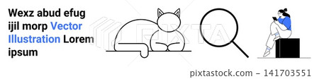 Design , minimalism, research, education, relaxation, content creation. A cat outline, magnifying glass and woman reading. Minimalism and research concepts Design , minimalism, research, education, relaxation, content creation. A cat outline, magnifying glass and woman reading. Minimalism and research concepts 141703551