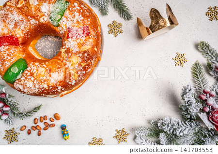 Roscon de reyes is a traditional Spanish Christmas pastry cake Roscon de reyes is a traditional Spanish Christmas pastry cake 141703553