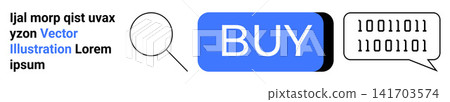 E-commerce, digital marketing, data analysis, online shopping concepts, coding, communication. Blue buy button, magnifying glass binary code in speech bubble. Digital marketing and e-commerce theme E-commerce, digital marketing, data analysis, online shopping concepts, coding, communication. Blue buy button, magnifying glass binary code in speech bubble. Digital marketing and e-commerce theme 141703574