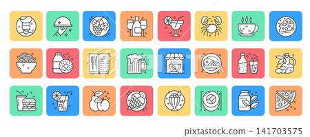 Restaurant and food outline icon set. Vector illustration. Restaurant and food outline icon set. Vector illustration. 141703575