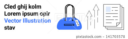 E-commerce, business growth, data analysis, shopping, retail, financial planning. A shopping bag with a tag, upward arrows and documents. E-commerce and business growth highlighted 141703578