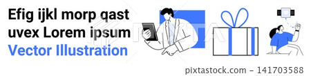 Corporate collaboration, celebrations, retail promotions, online connections, gift culture, technology use. Minimalist vector of professionals, a gift box and mobile interaction. Corporate Corporate collaboration, celebrations, retail promotions, online connections, gift culture, technology use. Minimalist vector of professionals, a gift box and mobile interaction. Corporate 141703588