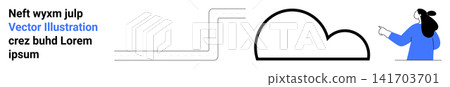 Data storage, technology interaction, innovation, teamwork concepts, remote access, information sharing. Minimalistic design with a woman pointing at a cloud and lines. Data storage and technology 141703701