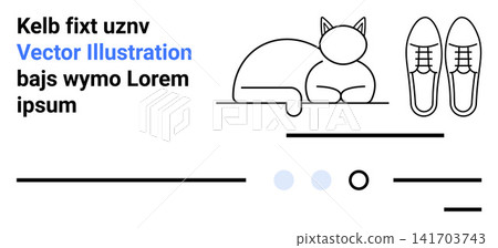 Pet care, lifestyle, design concepts, minimalism, product branding, and media. Line drawing of a cat, shoes and text elements. Pet care and lifestyle inspiration for design projects 141703743