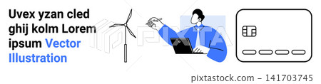 Sustainable energy, digital tools, finance management, modern workforce, renewable resources, digital economy. A person with a laptop, a wind turbine and a credit card graphic. Renewable energy 141703745
