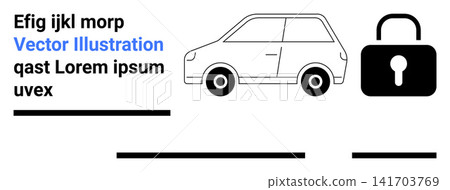 Car security, theft prevention, automobile safety, cybersecurity measures, vehicle monitoring, encryption. Minimalist design with a car and lock icon. Car security and theft prevention concept Car security, theft prevention, automobile safety, cybersecurity measures, vehicle monitoring, encryption. Minimalist design with a car and lock icon. Car security and theft prevention concept 141703769