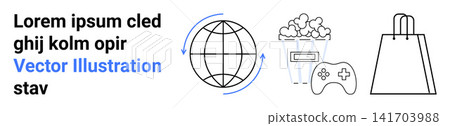 Online connectivity, e-commerce, digital entertainment, global communication, technology services, streaming platforms. Globe with arrows, gaming controller popcorn shopping bag. Online Online connectivity, e-commerce, digital entertainment, global communication, technology services, streaming platforms. Globe with arrows, gaming controller popcorn shopping bag. Online 141703988