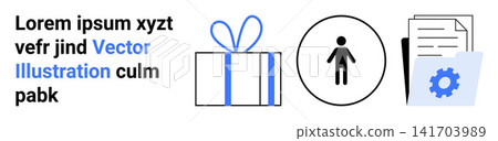 Business operations, personalization, gift exchanging, profile management, document settings, and technology features. Includes a gift, a user icon and a folder with files. Business operations Business operations, personalization, gift exchanging, profile management, document settings, and technology features. Includes a gift, a user icon and a folder with files. Business operations 141703989