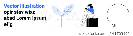 Digital communication, minimal design, eco lifestyle, user interaction, technology connection, modern design. Woman using a smartphone, leaf and arrow in clean modern style. Digital communication Digital communication, minimal design, eco lifestyle, user interaction, technology connection, modern design. Woman using a smartphone, leaf and arrow in clean modern style. Digital communication 141703991