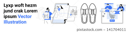 E-commerce, travel planning, navigation, online store, minimal design, consumer goods. A person pointing at a map, shoes and online checkout scenes. E-commerce and travel planning concepts E-commerce, travel planning, navigation, online store, minimal design, consumer goods. A person pointing at a map, shoes and online checkout scenes. E-commerce and travel planning concepts 141704011