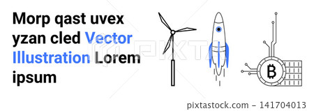Renewable energy, blockchain, finance, innovation, technology, aerospace. A wind turbine, a rocket and a Bitcoin chip. Renewable energy and blockchain technology illustration Renewable energy, blockchain, finance, innovation, technology, aerospace. A wind turbine, a rocket and a Bitcoin chip. Renewable energy and blockchain technology illustration 141704013
