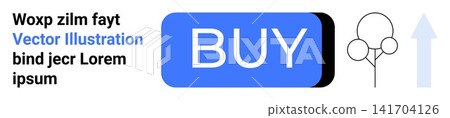 E-commerce, digital transactions, shopping interface, user interaction, web buttons, marketing design. Blue buy button with accompanying text, balloons and an upward arrow. E-commerce and digital E-commerce, digital transactions, shopping interface, user interaction, web buttons, marketing design. Blue buy button with accompanying text, balloons and an upward arrow. E-commerce and digital 141704126