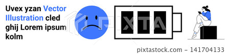 Mental health, burnout, motivation loss, exhaustion, inactivity, low energy. Sad face, empty battery seated person with a device. Burnout and low energy theme Mental health, burnout, motivation loss, exhaustion, inactivity, low energy. Sad face, empty battery seated person with a device. Burnout and low energy theme 141704133