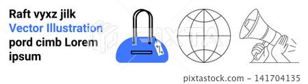 Online shopping, global trade, communication, marketing, advertising, retail promotion. A blue handbag with a price tag, globe outline and megaphone. Online shopping and global trade concept 141704135