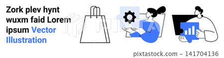 E-commerce, technology, analytics, shopping, business, and teamwork. Visual includes shopping bag, gear and bar chart graphics. E-commerce and analytics concept conveyed creatively 141704136