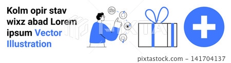 Business strategy, healthcare, gifting, data analysis, decision-making, conceptual education. Person analyzing symbols, gift box medical cross. Business strategy and healthcare concept Business strategy, healthcare, gifting, data analysis, decision-making, conceptual education. Person analyzing symbols, gift box medical cross. Business strategy and healthcare concept 141704137