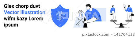 Data security, e-commerce, justice, digital security, financial savings, equality. Blue fingerprint shield, shopping bag with a discount symbol and balanced scales with people. Data security Data security, e-commerce, justice, digital security, financial savings, equality. Blue fingerprint shield, shopping bag with a discount symbol and balanced scales with people. Data security 141704138