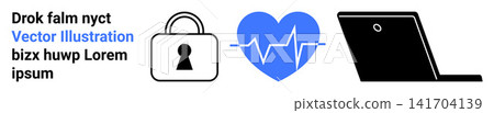 Data security, digital health, online safety, remote work, healthcare technology, telemedicine. Lock, blue heart with pulse line and laptop icons. Cybersecurity and digital health Data security, digital health, online safety, remote work, healthcare technology, telemedicine. Lock, blue heart with pulse line and laptop icons. Cybersecurity and digital health 141704139