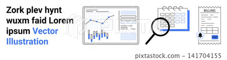 Business planning, data analysis, financial tracking, organization, billing management, and reporting. Graphs and charts, calendar magnifying glass and invoice. Data analysis and financial tracking Business planning, data analysis, financial tracking, organization, billing management, and reporting. Graphs and charts, calendar magnifying glass and invoice. Data analysis and financial tracking 141704155