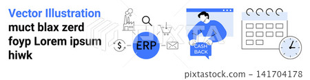 ERP systems, productivity apps, financial management, workflow optimization, business planning, and e-commerce. Digital business icons include ERP, shopping cart cash back and calendar. ERP systems ERP systems, productivity apps, financial management, workflow optimization, business planning, and e-commerce. Digital business icons include ERP, shopping cart cash back and calendar. ERP systems 141704178