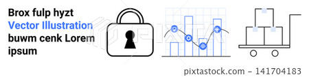 Cybersecurity, data analysis, logistics, business management, secure storage, e-commerce. Lock with keyhole, graph with lines and gear cart with boxes. Cybersecurity and data analysis Cybersecurity, data analysis, logistics, business management, secure storage, e-commerce. Lock with keyhole, graph with lines and gear cart with boxes. Cybersecurity and data analysis 141704183